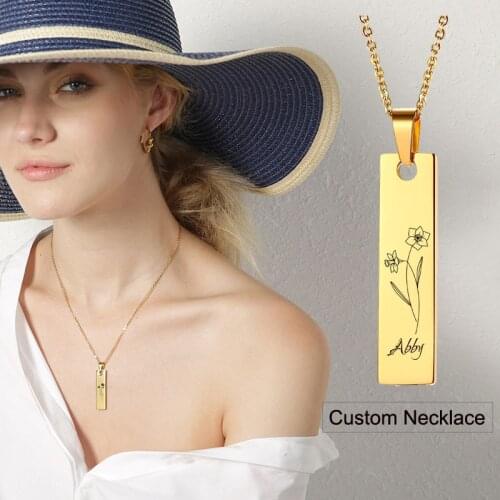 Engraved Custom Vertical Bar Necklace for Women Nameplated Birth Flower Necklace Stainless Steel Wedding Jewelry