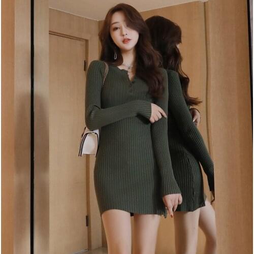 Dresses for Women 2020 New O-Neck Straight Sheath Autumn Korean Sexy Temperament Slim Fitting Knitting Sweater Womens Fashion