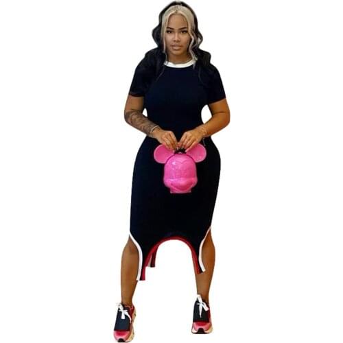 Purple/black/blue Side High Split Women Dress Round Neck Short Sleeve Package Hip Dresses Sweet Girls High Waist Bandage Dress