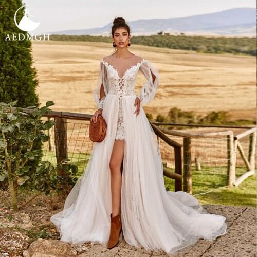 Aedmgh Romantic Boho Wedding Dresses 2021 Sweetheart Detachable Train Vestido De Novia Lace Appliques 2 In 1 Robe De Mariee
