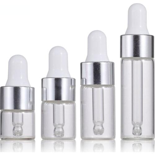 100Pcs 1/2/3/5 ML Clear Glass Essential Oil Aromatherapy Dropper Bottles Silver Gold Cap Reagent Drop Eye Liquid Pipette Bottle