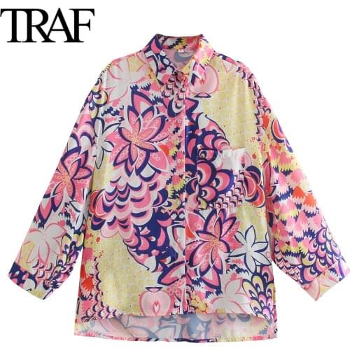 Traf Za Women Clothing Spring Autumn Long Sleeve Blouses Chic Loose Buttoned Vintage Printed Shirts French Fashion Tops