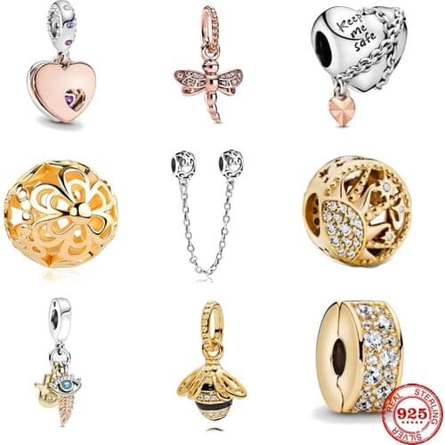 2020 new gold rose gold Dragonfly Chained Heart gold clip bee diy bead Fit Original Pandora Charms silver 925 Bracelet Jewelry