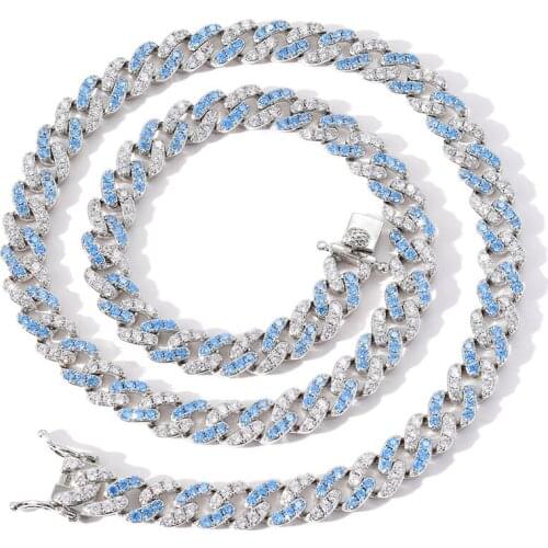 9mm Blue Cuban Link Chain Bling Iced Out Full CZ Micro Paved Cubic Zirconia Miami Chain Necklaces Men Women Hip Hop Jewelry Gift