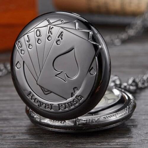 Royal Flush Poker Card Quartz Pocket Watch Black Small 2.5cm Diameter Fob Watches Necklace for Men Bronze Kids Children Clock
