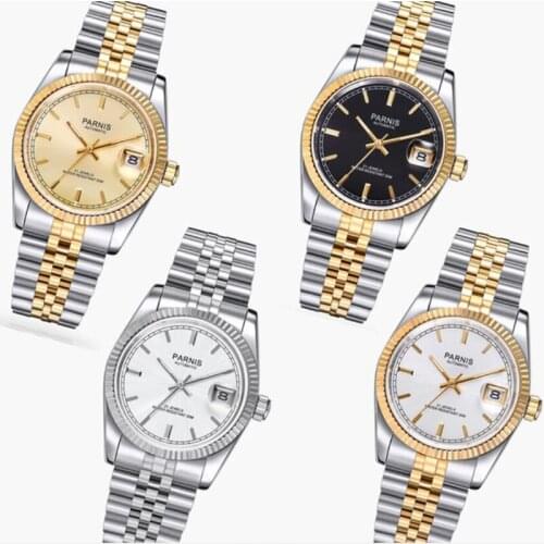 Parnis 36mm Luxury 5ATM Gold black white dial Automatic watch men unisex sapphire glass date magnifier waterproof jubilee