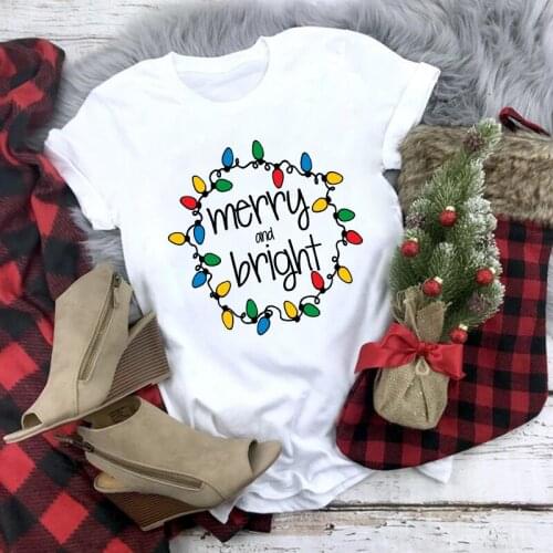 Colored Christmas Light Merry And Bright T-shirt Funny Women Graphic Christmas Party Tops Aesthetic Winter Holiday Gift Tshirt