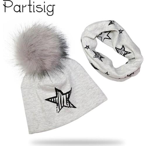 Baby Cap Cotton Faux Fur Pompom Hat For A Boy Winter Hat Scarf Set Printing Girls Cap Bonnet Baby Hat