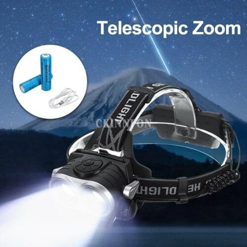 DHL 50PCS 10000Lm 2x T6 Dual LED Headlamp Telescopic Zoomable Headlight Lamp 3 Modes+2x18650 Battery+USB Cable
