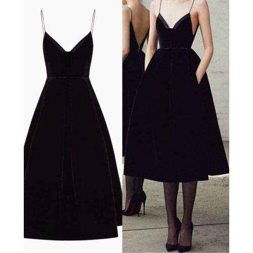 Elegant A-Line Short Satin V-Neck Prom Dresses Spaghetti Corset Back Knee Length Robe De Soiree Black Formal Party Gown