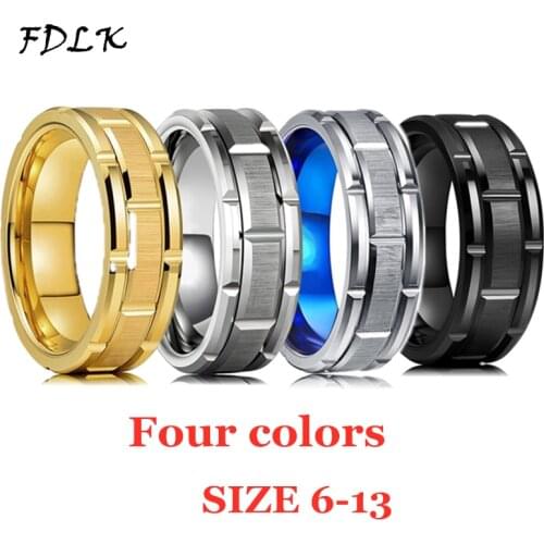 FDLK 4 Colors Simple Fashion 8mm Mens Stainless Steel Rings Gold/Silver/Blue/Black Color Brick Design Wedding Band Size 6-13