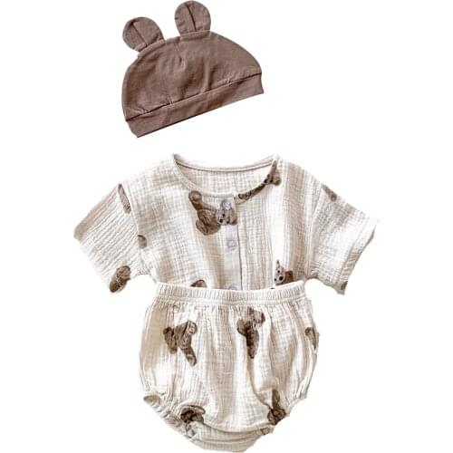 Clothes For Newborns 3Pcs Casual Cotton Sets Cute Little Bear Short Sleeve Tops Triangle Short Pants Hat Clothing For 0-12M Baby