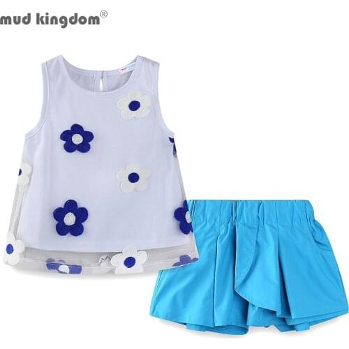 Mudkingdom Girls Shorts Set Flower Embroidery Net Yarn Sleeveless Casual Outfits