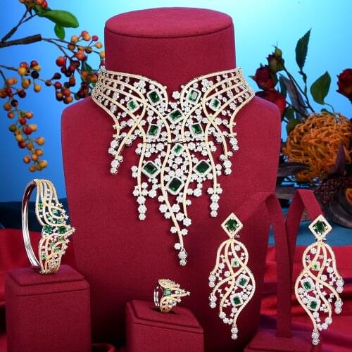 Missvikki Exclusive Dubai Gold Plate Jewellery Luxury Cubic Zirconia Necklace Earring Bracelet Ring Party Jewelry Set for Women