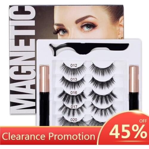 5 Pairs Magnetic False Eyelashes Liquid Eyeliner Set Thick Natural 5 Magnets Eyelashes & Tweezers Wholesale Magnetic Eyelashes