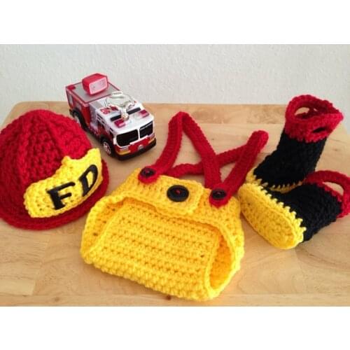 Newborn firefighters hat,firefighters baby hat,boots with Diaper Cover 3pcs baby Set newborn crochet Photography Prop 0-1m,3-4m
