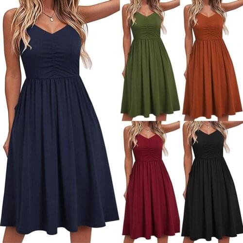 Sling Solid Color Women Dress Spaghetti Strap V-neck Shirring Waist Tight Midi Dress Streetwear