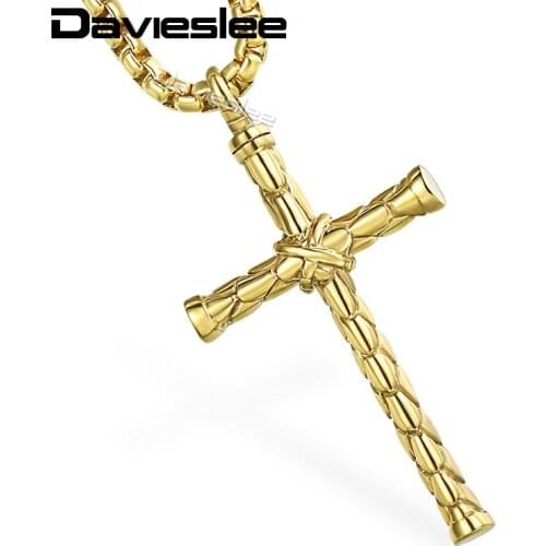 Davieslee Necklace for Men Rope Cross Pendant Stainless Steel Box Link Chain Gold Silver Color LHPM100