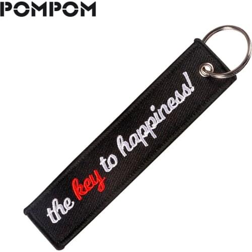 POMPOM The Key to happiness Embroidery Letter Key Chain for Motorcycles and Cars OEM Key Ring Gifts key tag for vehicle chaveiro