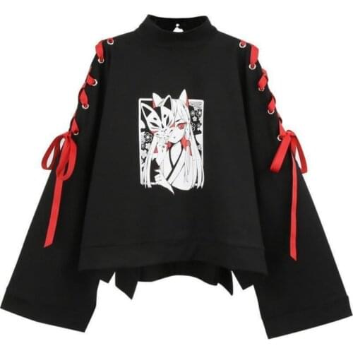 Bandage Japanese Vintage Harajuku Anime Fox Print Lace-up Long Sleeve Hoodie Shirts Dark Girl Punk Street Sweatshirt Tops