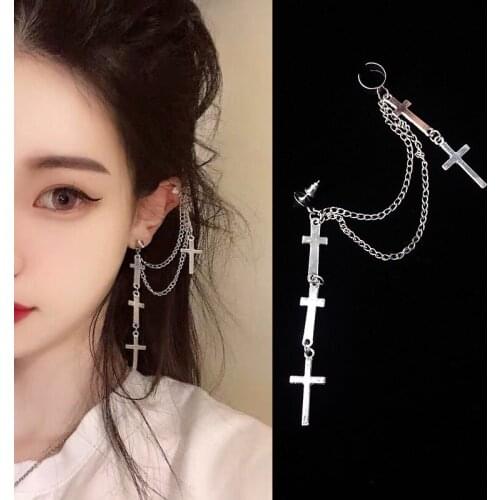 Hip Hop Pop Cross Earrings For Girls Metal Chain Rock Heavy Metal Wind Ear Cuff Tide Cool Punk Ear Bone Clip Party Accessories
