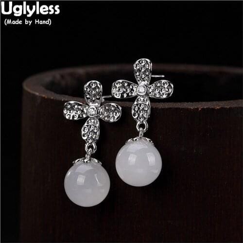 Uglyless Real 925 Sterling Silver Handmade Knocking Surface Flower Earrings for Women Natural Jade Balls Earrings Fine Jewelry