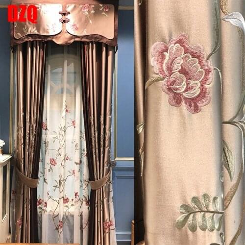 Custom curtains luxury simulation silk embroidered coffee American window cloth blackout curtain tulle valance drape B130