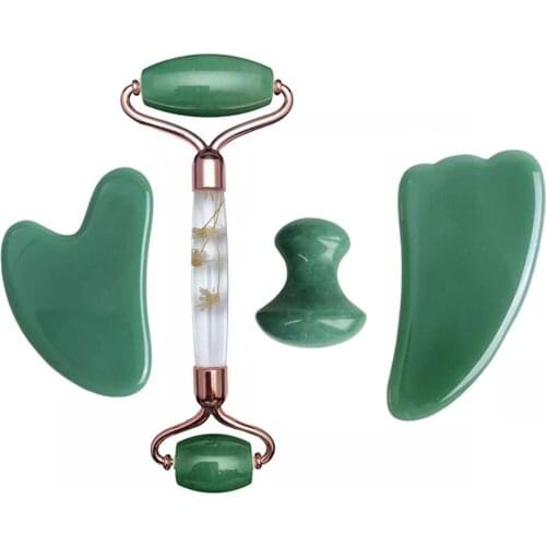 Aventurine Gouache Scraper Face Massage Jade Roller Set Natural Gouache Stone Facial Roller Jade Massager Gua sha Face Scraper