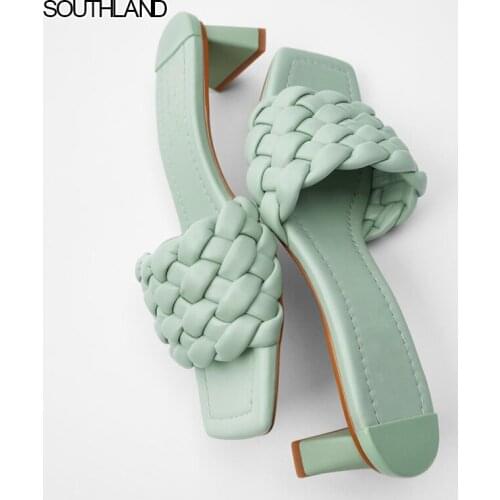 SOUTHLAND Summer woven women slides chunky heel square toe slip on women casual slippers
