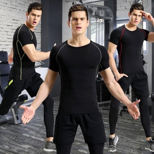 2021 Plus Size Fitness Clothing Three-piece Suit Sports Short-sleeved Quick-drying T-shirt Gym Training Running Suit Suit