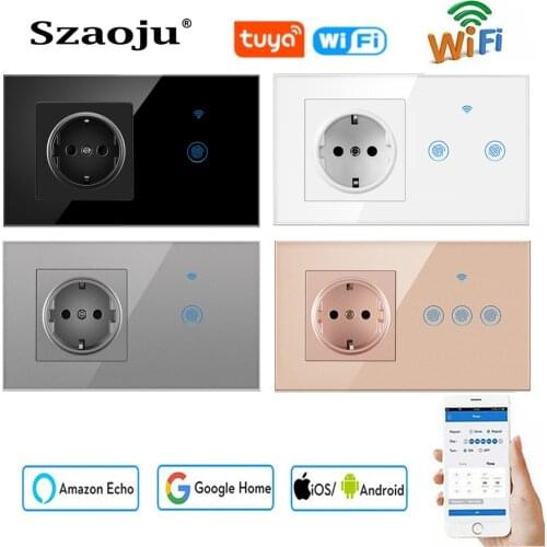 TUYA Smart Touch Switch 433MHz With Socket Crystal Glass Panel AC110~250V 16A 146*86mm Wall Socket With Light Switch 1Gang 1Way