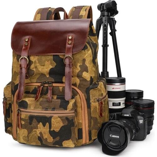 M449 Vintage Camouflage Canvas Leather Photo Bag Outdoor Travel Roomy Backpack Photography DSLR Camera Case for Canon/Nikon/Sony