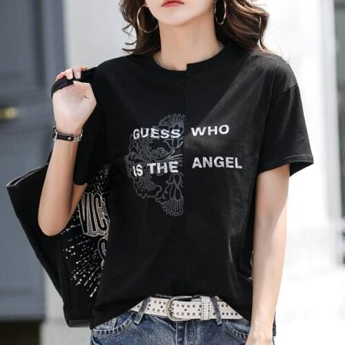 OUMENGKA Women Summer T-Shirt Plus Size S-3XL New Letters Print Tops Cotton Women Shirts Asymmetrical O Neck Short Sleeve Tees