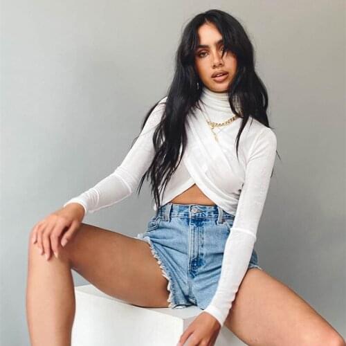 New Women T Shirt Autumn Winter 2020 Ruched High Collar Long Sleeve Fashion Sexy Open Navel Slim Fit T-shirts Female Base Shirt