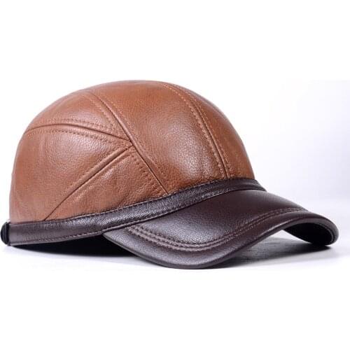 Womens Mens 100% Real Leather Unisex Winter Warm Earmuff Cowhide cap Adjustable Baseball Army Golf Caps/Hats
