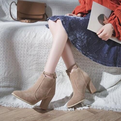 Flock ankle strap short boots women espadrilles winter cotton platform shoes high heels woman chunky heel booties femme 2020