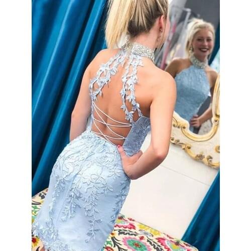 Women Short Homecoming Dresses Lace Appliques Tulle Halter Prom Party Gowns Sequin Neck Above Knee Graduation Dress