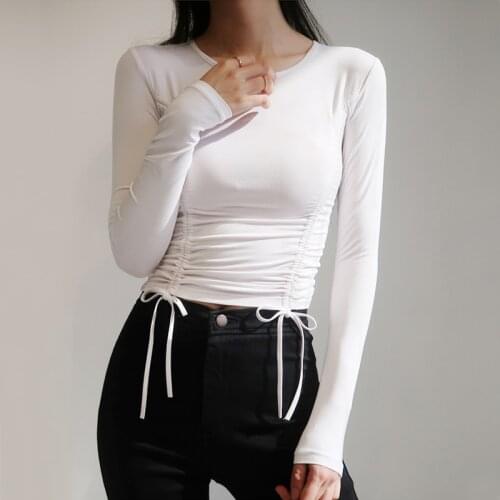 Women Crew Neck Ruched Top With Drawstrings Long Sleeve T-shirt