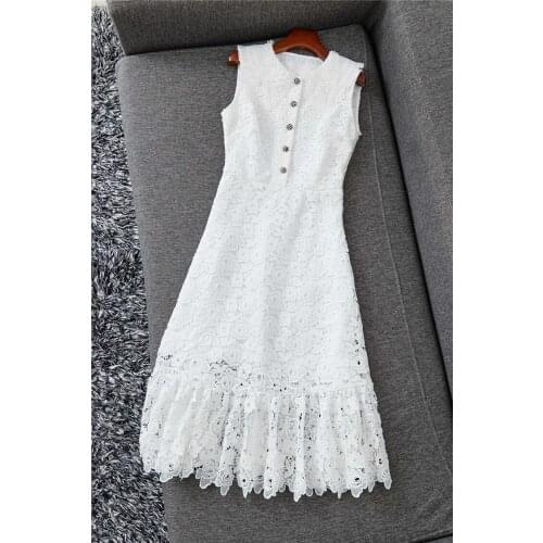Round 2021 summer womens neck sleeveless hollow white lace waist and lotus leaf pendulum mid-length dress vest skirt