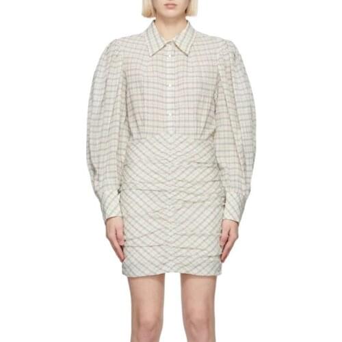 Plaid Print Women Mini Dress 2021 New Lantern Sleeve Patchwork Pleated Short Shirt Dresses Robe With Buttons