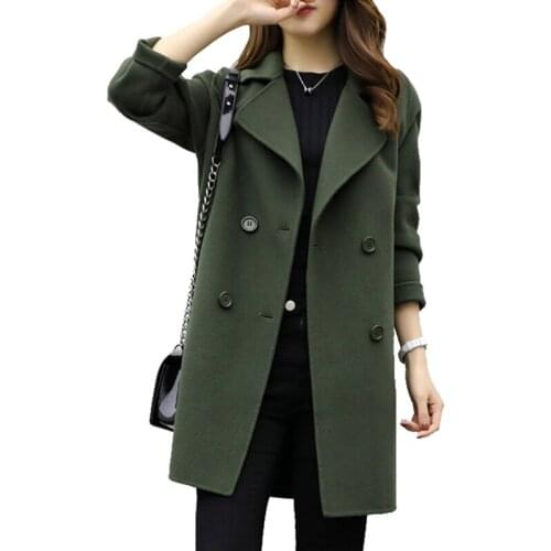 Womens Woolen Coat Korean Version Spring Winter Casual Woolen Coat long Double-Breasted Loose Self-Cultivation Woolen Coat 2019