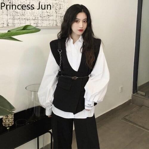 2021 New Women 2pc Shirt Sets Puff Sleeve White Shirt&Belted Black Vest Waistcoat Jacket Suits Female Chic Two Piece Top Outfits