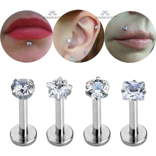 4pcs/lot 1.2x8mm Round Gem Nose Piercing Labret Lip Piercing Heart Star Square Nose Ring Cartilage Helix Piercing Tragus Earring