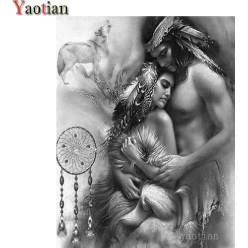 Indian Couple Feathered Wolf 5D Diamond Painting DIY Full Drill Square Round Diamond Embroidery Rhinestones Mosaic Home Decor