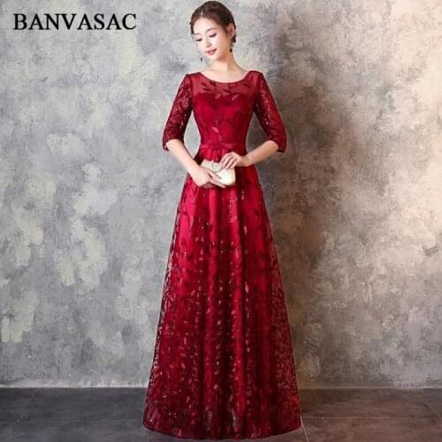 BANVASAC Illusion Lace O Neck Sequined Appliques A Line Long Evening Dresses 2018 Party Bow Sash Backless Prom Gowns