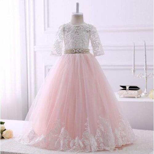 White Lace Top Pink Bottom Girls Dresses Crystal Beading Ribbon Girls Celebrity Pageant Photography Dresses Custom Real Photos