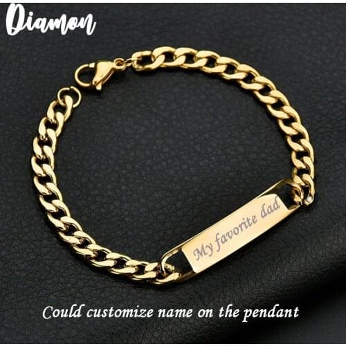 Diamon Customized Words Bar Chain Bracelet Men Stainless Steel Engraving Letter Name Silver Color Adjustable Buckle Bangle