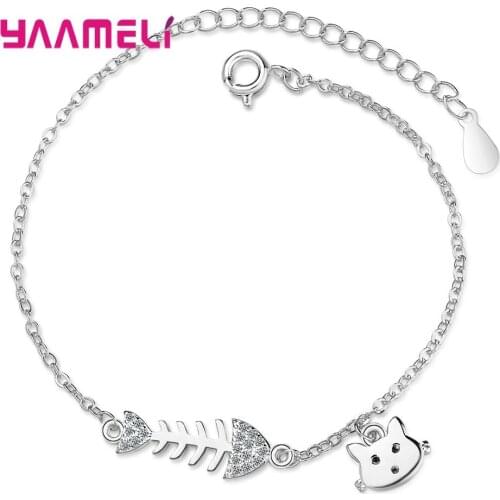 925 Sterling Silver Micro Pave Cubic Zirconia Fish Bone Bracelet for Women Girl Cat Charm Bracelets Bangle Fshion Jewelry