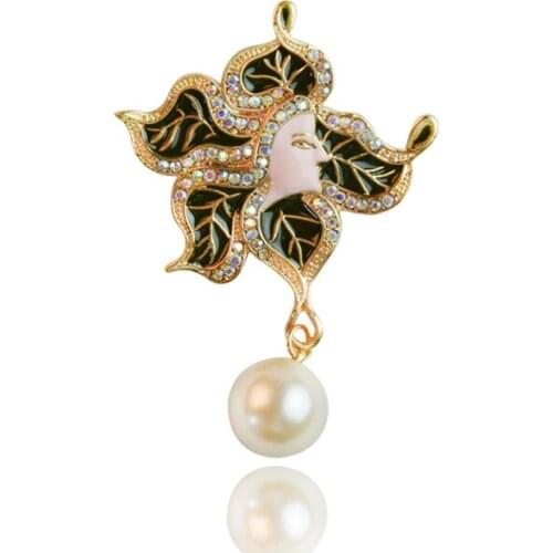 New Arrivals Green leaves brooch for women Hijab pins mori girl Rhinestone Brooches Europe and America Retro pearl brooch X1627