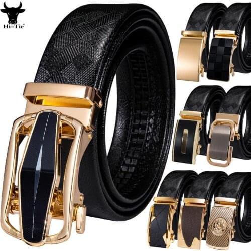 Black Genuine Cowskin Leather Mens Belts Gold Automatic Buckles Ratchet Waistband for Dress Jeans Pants Wedding Business Party